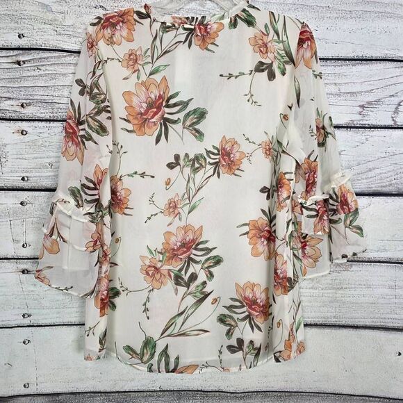 Daniel Rainn L Floral Ruffle Trim Bell Sleeve Blouse, New - Picture 3 of 6